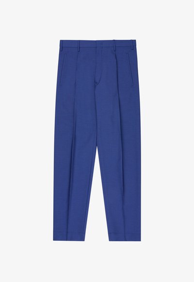 Blue tailored trousers with front pleats, side slit pockets, belt loops, and a slim fit design.
