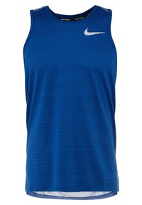 Blaues ärmelloses Sport-Top mit geripptem Muster, weißem Nike-Logo auf der Brust und rundem Ausschnitt.