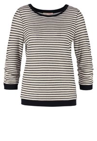 Pull en maille à manches longues avec des rayures horizontales noires et blanches, col, poignets et ourlet noirs.