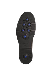 Schwarze Schuhsohle mit einem gemusterten Design und kreisförmigen blauen Akzenten, Belüftungsöffnungen und geprägtem Markenlogo, aus strapazierfähigem Gummi gefertigt.