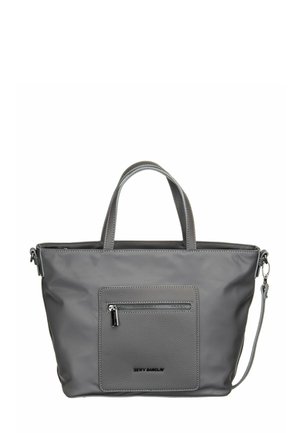 Sac fourre-tout gris avec poignées courtes, poche avant zippée, bandoulière amovible et logo de la marque en relief sur la poche.