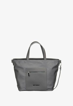 Sac fourre-tout gris avec poignées courtes, poche avant zippée, bandoulière amovible et logo de la marque en relief sur la poche.