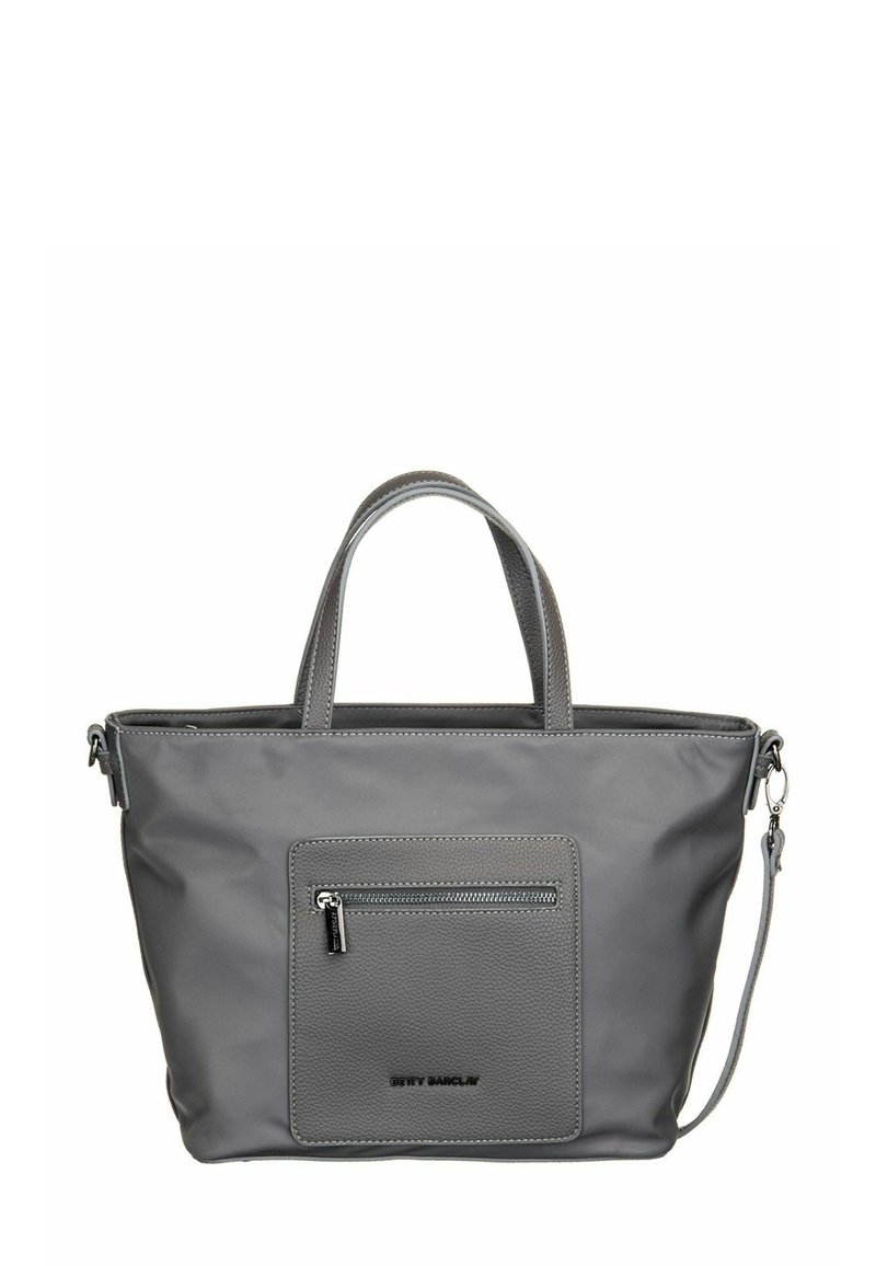 Sac fourre-tout gris avec poignées courtes, poche avant zippée, bandoulière amovible et logo de la marque en relief sur la poche.