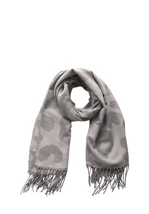 Écharpe gris clair à motifs avec des formes abstraites subtiles, pliée lâchement avec des franges aux extrémités sur un fond blanc.