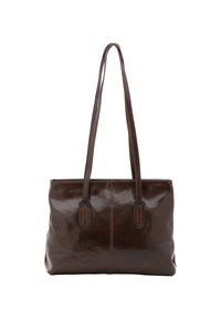 Bruine leren tote bag met een soepele textuur, twee handvatten en een gestructureerde vorm. Heeft subtiele stitching en geen zichtbare hardware accenten.