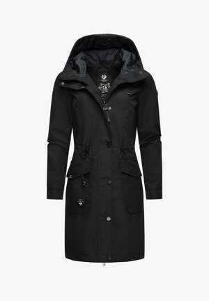 Schwarze wasserdichte Parka mit Reißverschluss und Knopfverschluss, verstellbarem Bund, zwei Vordertaschen und einer abnehmbaren Kapuze mit einem gemusterten Innenfutter.