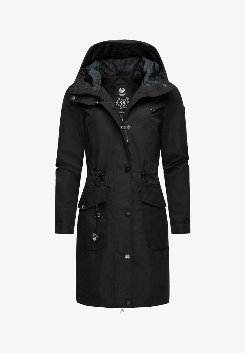 Black waterproof parka with a zip and button closure, adjustable waist, two front pockets, and a detachable hood featuring a patterned lining.