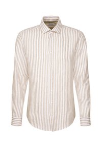 Camicia a maniche lunghe a righe beige e bianche realizzata in tessuto leggero; presenta un colletto a punta e un orlo curvo con polsini abbottonati.