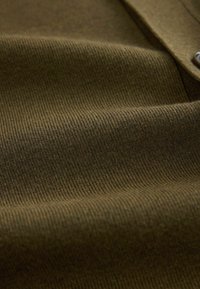 Prim-plan cu țesătură de catifea de culoare verde măsliniu, cu şanţuri vizibile şi un nasture metalic parţial în colţul din dreapta sus.