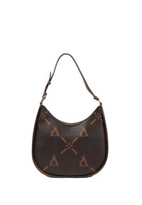 Brown leather shoulder bag with a curved shape, featuring a logo pattern and a single adjustable strap. Accents in contrasting tan.