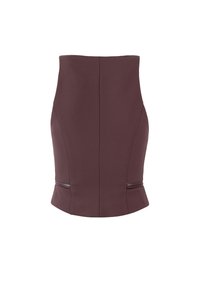 Gonna attillata bordeaux realizzata in tessuto strutturato, con orlo a peplum e dettagli con zip laterale. Design elegante senza motivi visibili.