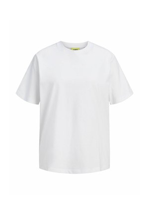 Camiseta blanca lisa de manga corta con cuello redondo, mostrada sobre un fondo blanco.