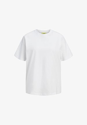Camiseta blanca lisa de manga corta con cuello redondo, mostrada sobre un fondo blanco.