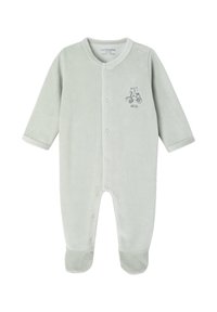 Hellgrüner Baby-Overall mit langen Ärmeln und Füßen, Druckknöpfen vorne und einem kleinen Kätzchen, das auf einem Dreirad fährt, auf der Brust.