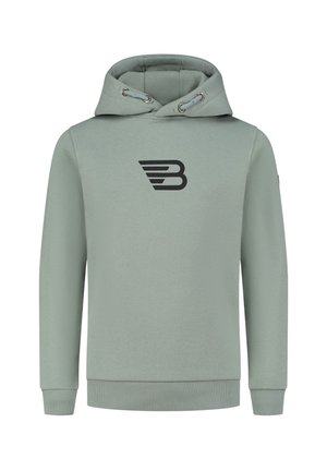 Lichtgroene hoodie van zacht materiaal, met een frontlogo in het zwart. Het heeft een capuchon met trekkoord en rib gebreide manchetten en onderrand.