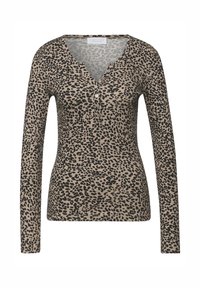 Beige henley shirt met lange mouwen, voorzien van een zwart onregelmatig luipaardprintpatroon en vijf kleine knopen aan de voorkant.