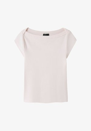 Jasnoróżowy prążkowany top z krótkim rękawem, szerokim dekoltem w łódkę oraz małą czarną metką marki wewnątrz kołnierza.