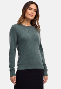 Maglione verde a maniche lunghe realizzato in morbido tessuto lavorato a maglia. Presenta un collo a giro e polsini e orlo a coste. Tessuto texture con un motivo sottile.