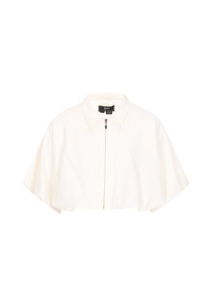 Bílá krátká bunda s krátkými širokými rukávy, límečkem a předním zapínáním na zip.