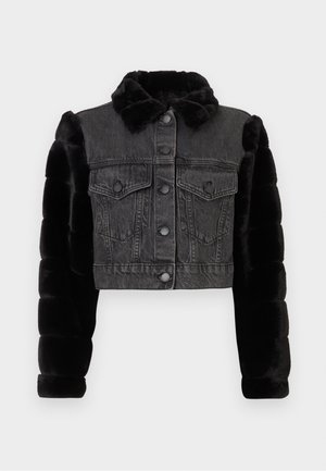 Cropped jacket with denim front and faux fur black puffed sleeves. Features a collar, five buttons, and two chest pockets.