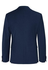 Navyblauw colbert met een gestructureerd ontwerp, met notch-revers en twee zijzakken. Heeft knoopaccenten op de mouwen en een gladde textuur.