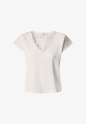Biele tričko s výstrihom do V a krátkymi rukávmi s krajkovými detailmi na pleciach a textúrovanou látkou. Priamy strih.