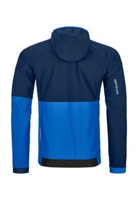 Waterproof jacket with integrated hood, featuring a navy upper and bright blue lower section. Smooth texture with black accents at the hem.