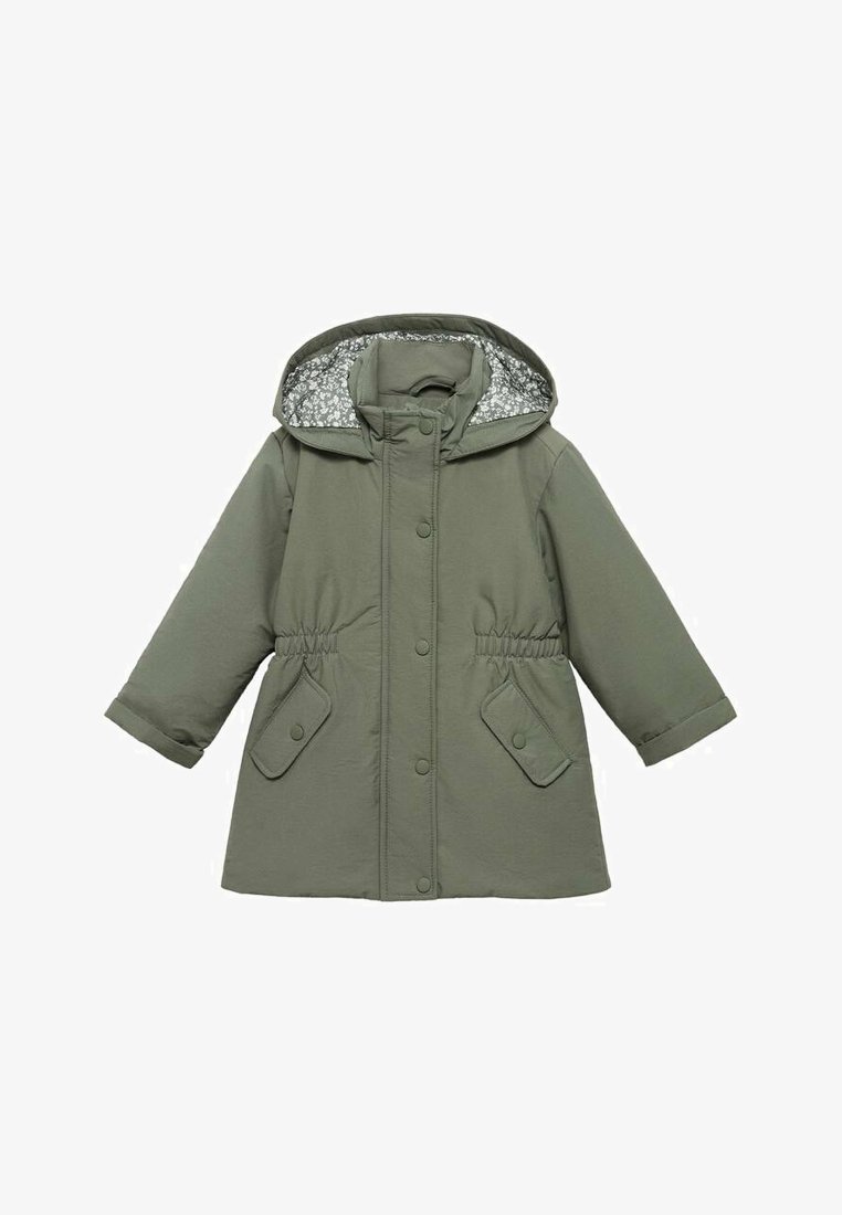 Zelena oblazina s kapuco, elastičnim pasom, dvema sprednjima žepoma in notranjim podlogom s cvetličnim vzorcem. Gladka zunanja tekstura.