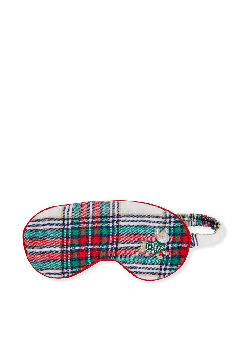 Maschera per il sonno a quadretti con motivo tartan verde, rosso e blu, con bordatura rossa e dettaglio animale ricamato sul davanti. Include una fascia elastica.