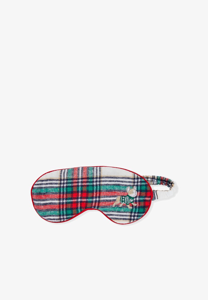 Maschera per il sonno a quadretti con motivo tartan verde, rosso e blu, con bordatura rossa e dettaglio animale ricamato sul davanti. Include una fascia elastica.