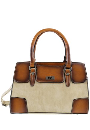 Bruine en beige leren handtas met dubbele bovenhandgrepen, metalen sluiting en gestikte details aan randen en hoeken.