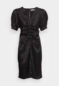 Black dress with puff sleeves, ruched front, leopard pattern, and a zipper closure. Smooth texture, knee-length design, and fitted silhouette.