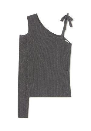 Top asimétrico gris acanalado con una sola tira en el hombro y un detalle de lazo. Cuenta con un ajuste ceñido y un sutil brillo en toda la tela.