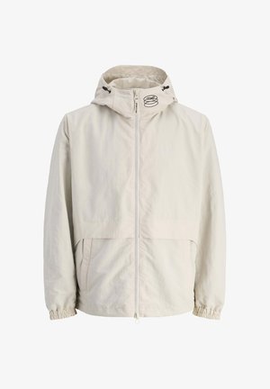 Lichtbeige, hoodie-jack gemaakt van lichtgewicht materiaal. Heeft een ritssluiting aan de voorkant, elastische manchetten en een logo op de capuchon.