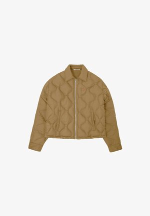 Heled pruun patchwork-jakk, millel on krae, ees lukuga ja kaks küljetaskut, koos discreetse logoga vasakul rinnal.