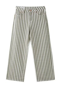 Pantalon blanc à rayures verticales vertes, style cinq poches, fermeture par bouton et zip, coupe droite.