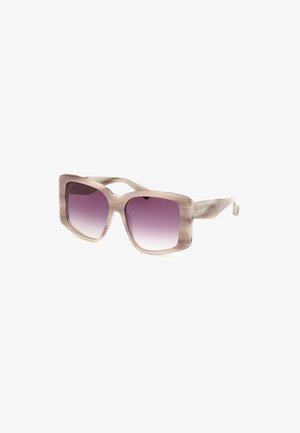Translucent light brown oversized sunglasses with a square frame and gradient purple lenses, featuring a smooth texture and rounded temples.