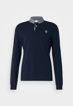Navy long-sleeve polo shirt with a light gray collar, featuring a two-button placket and small emblem on the chest.