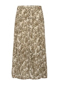 Una gonna al ginocchio realizzata in tessuto leggero, con una base beige e un motivo astratto verde e marrone, texture liscia e vita elastica.