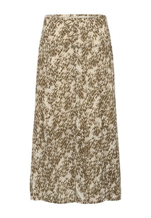 Una gonna al ginocchio realizzata in tessuto leggero, con una base beige e un motivo astratto verde e marrone, texture liscia e vita elastica.