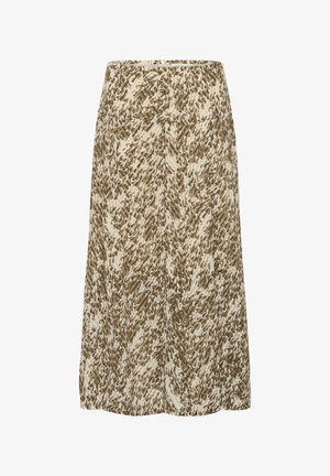 Knee-length seelik, mis on valmistatud kergest kangast, millel on beež taust ja abstraktne roheline ja pruun muster, sile tekstuur ja elastne vöökoht.