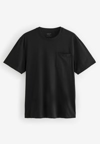 Tricou negru din бumbac cu guler rotund și mâneci scurte, având un buzunar pe piept și o textură netedă, uniformă.