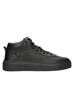 Schwarze High-Top-Sneaker aus strukturiertem Leder mit Gummisohle, runder Zehenpartie und flachen Schnürsenkeln. Verfügt über kleine Belüftungsperforationen.