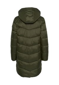 Olive green puffer coat with hood, featuring a quilted chevron design, long sleeves, and a smooth, shiny exterior fabric.