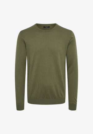 Olivový zelený sveter, okrúhly výstrih, dlhé rukávy, ribbované manžety a spodný lem, hladká textura, ľahká pletenina, rovnomerné šitie.