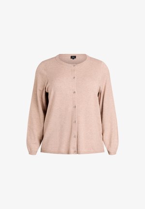 Beige cardigan made from a soft knit material. Features long sleeves, a round neck, and buttons down the front. Smooth texture, casual fit.