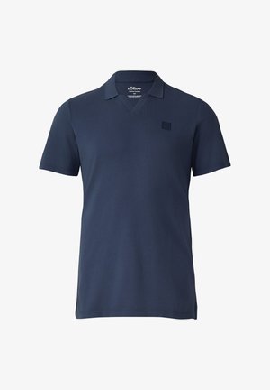 Marineblaues Poloshirt mit kurzen Ärmeln, Kragen, V-Ausschnitt und kleinem Brustpatch auf der linken Seite.