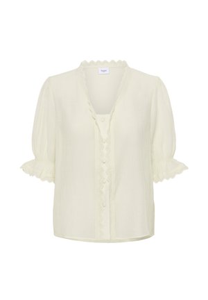 Bluzka z krótkim rękawem, jasnożółta, o teksturowanej tkaninie, z falbaniastym dekoltem, zapięciem na guziki z przodu i falbaniastymi mankietami.