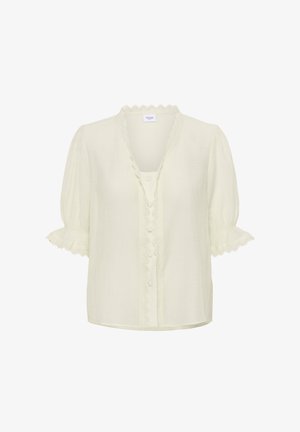 Bluzka z krótkim rękawem, jasnożółta, o teksturowanej tkaninie, z falbaniastym dekoltem, zapięciem na guziki z przodu i falbaniastymi mankietami.