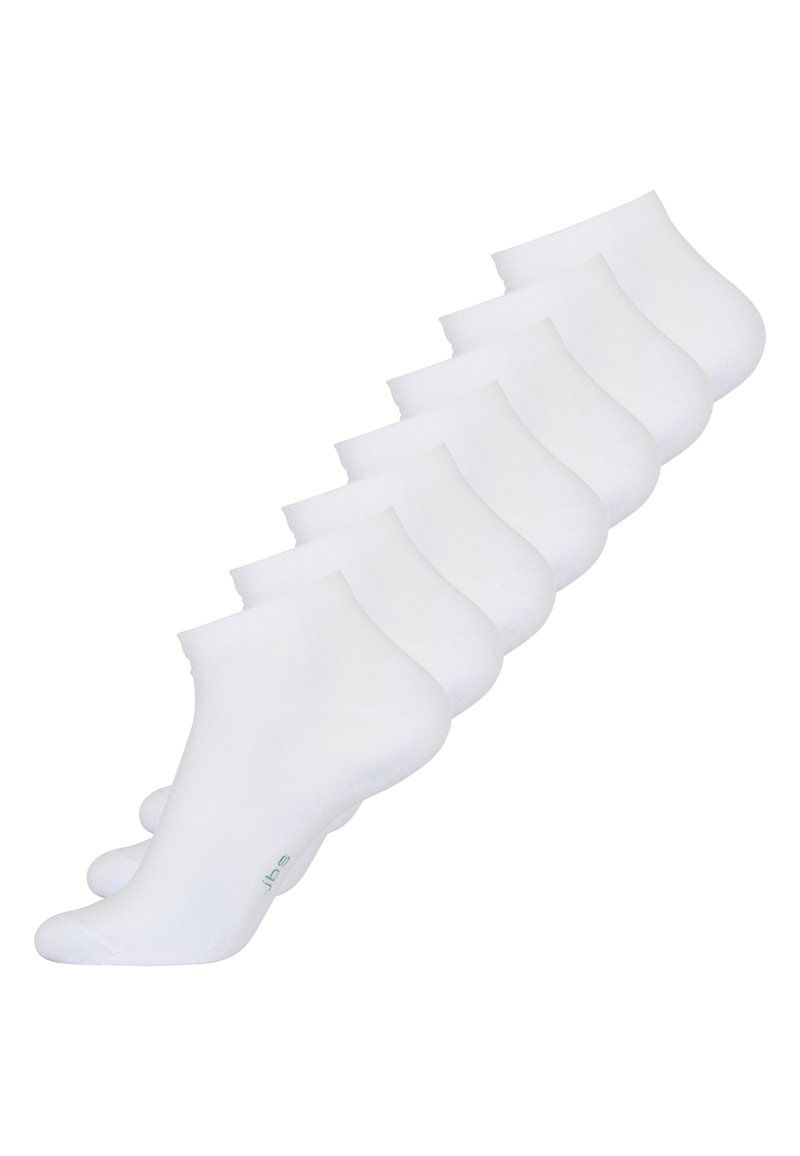 Calcetines blancos hasta el tobillo, con una textura suave, un diseño sencillo y detalle del logo verde, dispuestos en fila. Material de mezcla de algodón.